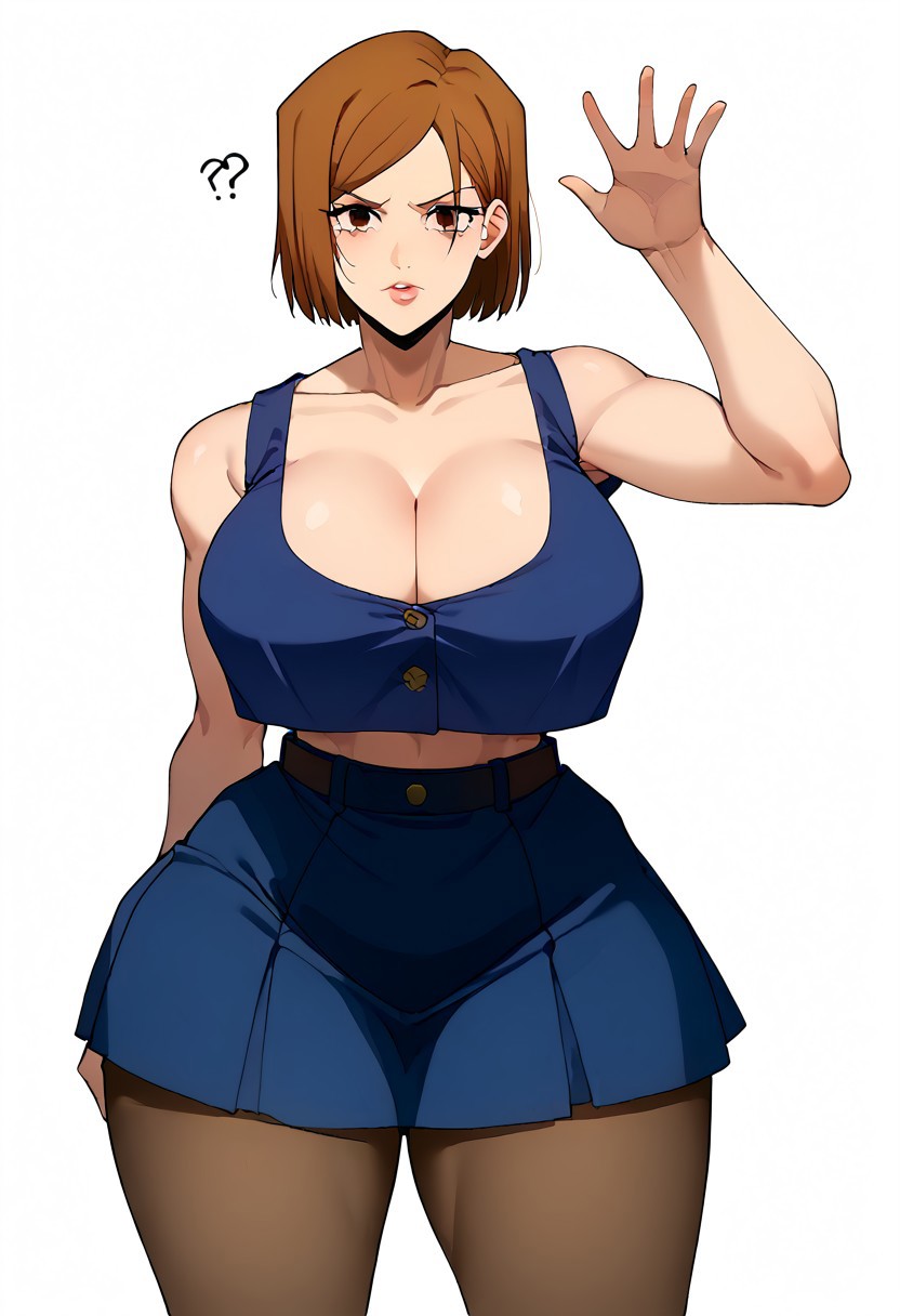 ?? ai_generated bbw bottom_heavy cleavage expressionless female_only hi_res hourglass_figure huge_breasts jujutsu_kaisen jujutsu_tech_uniform kugisaki_nobara pantyhose pawg school_uniform tagme thick_thighs top_heavy waving_at_viewer wide_hips