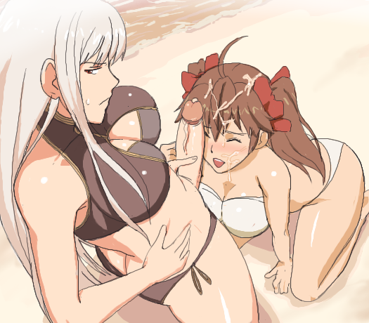 2girls alicia_melchiott bikini blush breasts cleavage cum dickgirl facial female futa_on_female futa_with_female futanari grey_hair handjob intersex large_breasts long_hair marnic penis selvaria_bles shore swimsuit tied_hair twintails valkyria_chronicles voluptuous