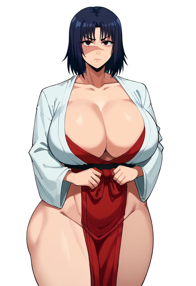 ai_generated alternate_hairstyle hi_res jujutsu_kaisen kimono loose_clothes loose_sleeves nervous parted_bangs scar scar_across_face scar_on_face short_hair shoulder_length_hair side_slit tagme utahime_iori