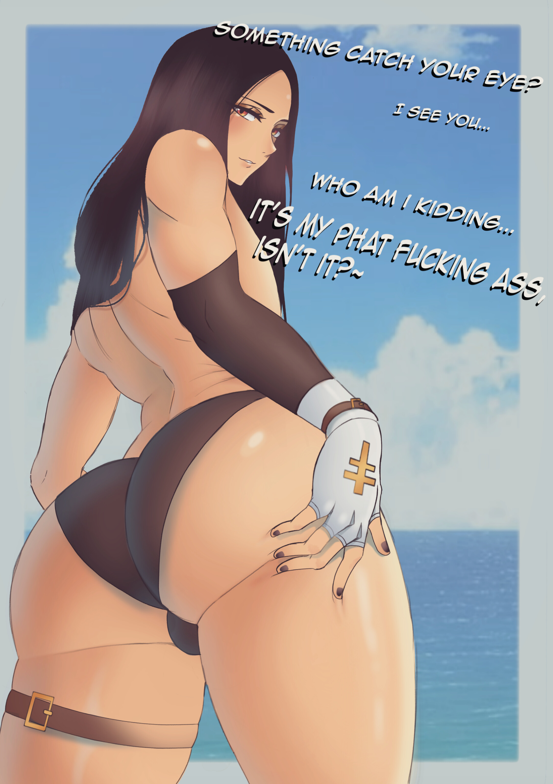 1boy, androgynous, arc system works, ass, ass cleavage, ass focus, back, back view, background, backsack, balls, ballsack, beach, big ass, black hair, dialogue, emo, eyelashes, eyeshadow, femboy, goth, gothic, grabbing, guilty gear, guilty gear strive, hand on ass, hand on butt, hand on hip, handwear, johnv, long hair, looking at viewer, male, male only, oil, oiled, oiled skin, red eyes, shiny, shiny hair, shiny skin, sky, smug, solo, solo male, testament (guilty gear), thick, thick ass, thick legs, thick thighs, thighs, twink, viewed from behind