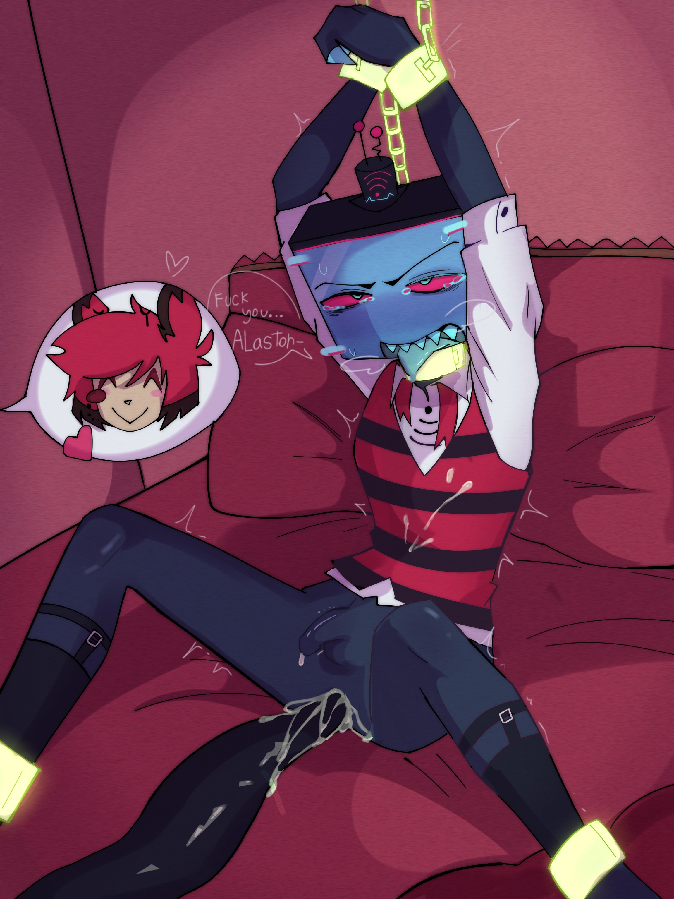 alastor (hazbin hotel), chains, gay, half-dressed, hazbin hotel, male, tentacle, tentacle sex, tied up, vox (hazbin hotel)