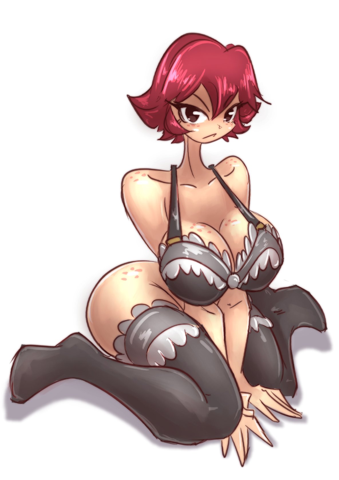 1girls ass black_bra black_legwear bra brown_eyes female freckles freckles_on_ass freckles_on_breasts freckles_on_face freckles_on_shoulders full_body kim_pine kneeling legwear mokkoyu red_hair scott_pilgrim short_hair solo solo_female stockings thighhighs