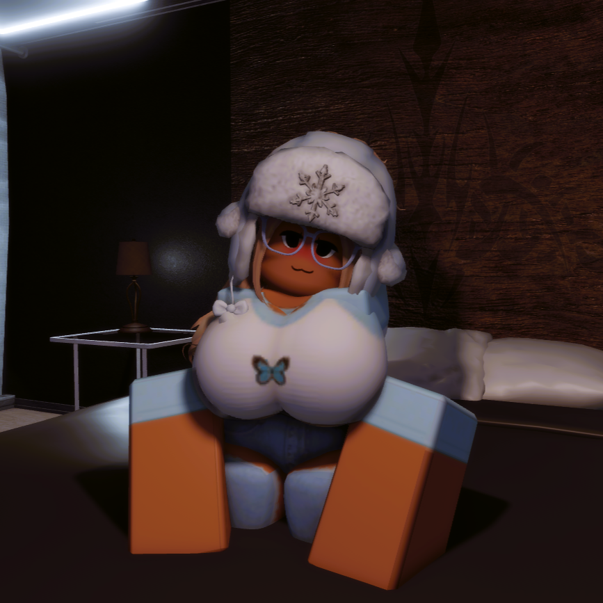 1girls 3d bed bedroom big_breasts blonde_hair breasts clothed cute female hat kneeling roblox robloxian self_upload smg32 tagme tan_skin