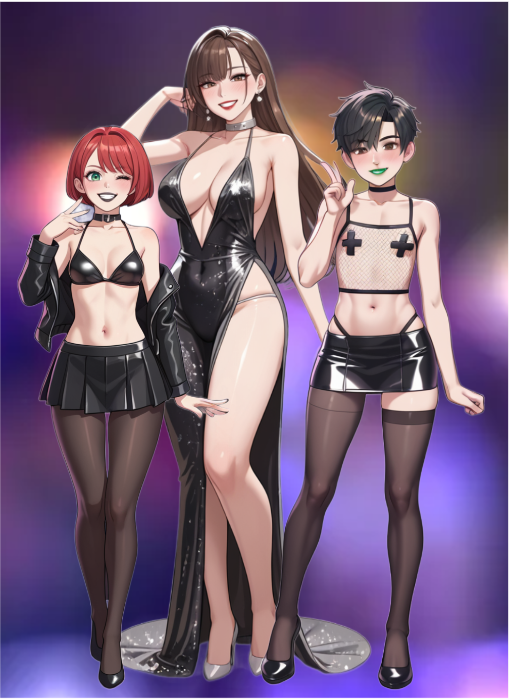 1boy 2girls adult_female ai_generated club femboy friends full_body posing smiling_at_viewer taking_picture young_female