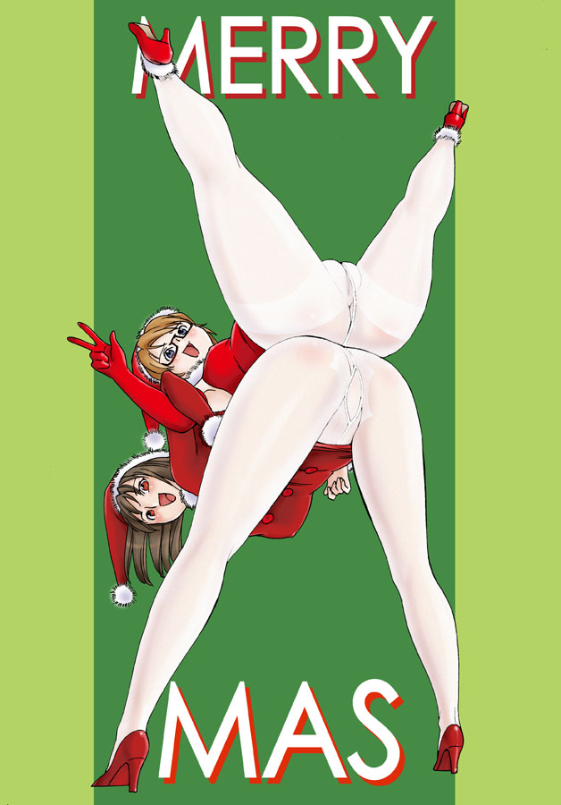 acrobatics armpits ass back-to-back blue_eyes breasts brown_hair christmas copyright_request elbow_gloves glasses gloves legs legs_up long_hair multiple_girls open_mouth pantyhose pose pussy red_eyes short_hair uraharukon v white_legwear