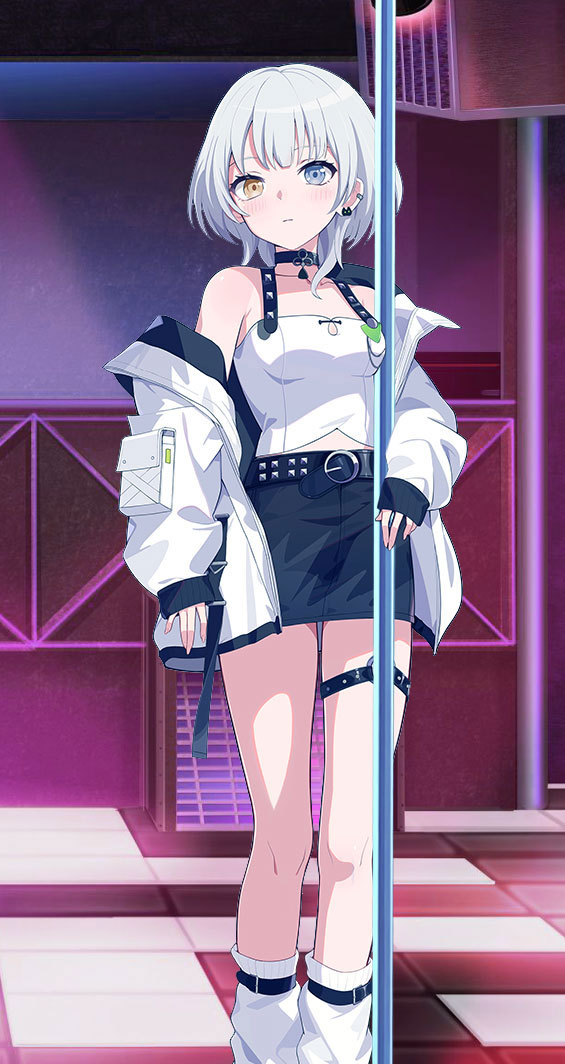 1girl bang_dream! heterochromia kaname_raana stripper stripper_pole white_hair