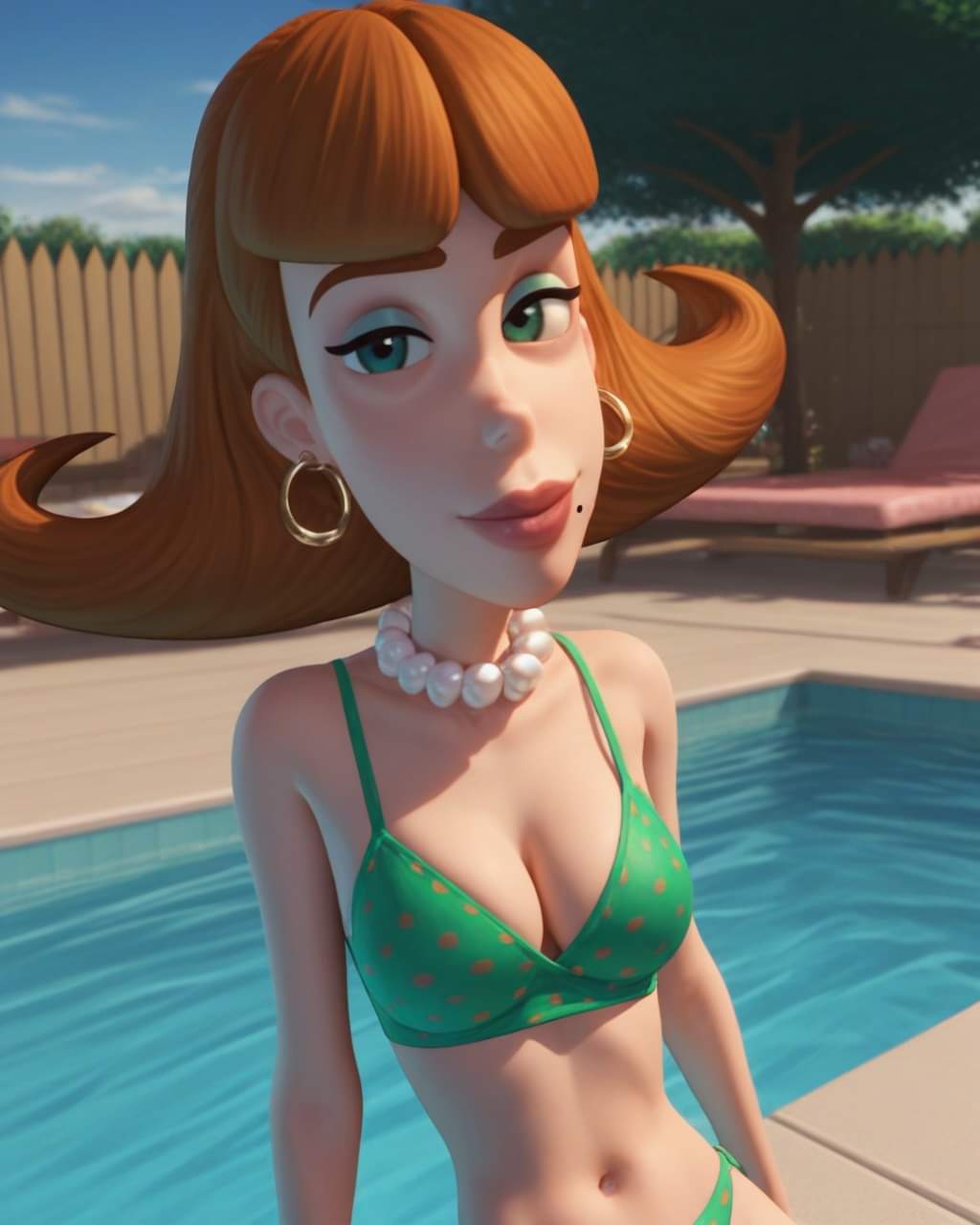 ai_assisted ai_generated bikini brown_hair earrings eyeshadow green_eyes jimmy_neutron_boy_genius judy_neutron mole_under_mouth nickelodeon nicktoons pearl_necklace tagme