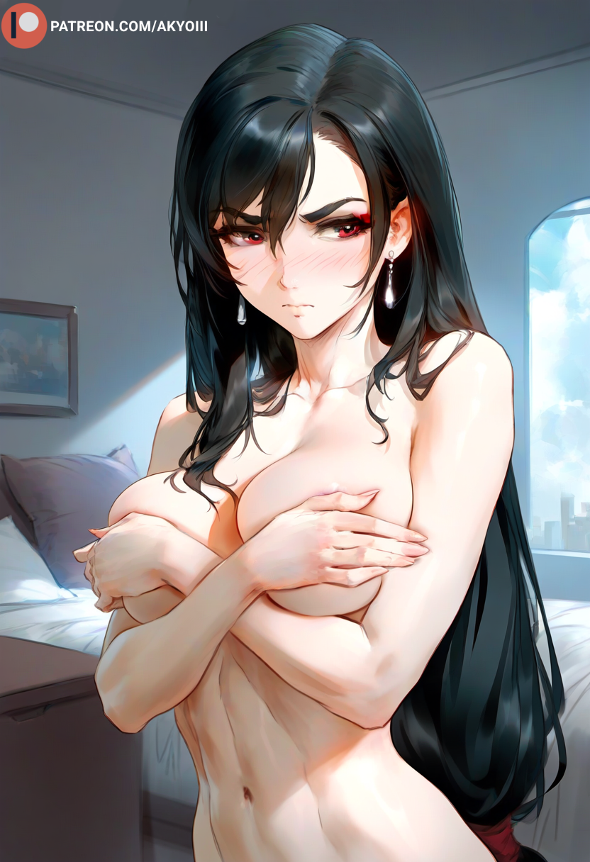 1girls ai_generated akyoi bedroom big_breasts black_hair blush breasts completely_nude earrings eyeshadow female final_fantasy grabbing large_breasts light-skinned_female light_skin long_hair looking_away navel nervous nervous_smile patreon red_eyes ribbon shy solo solo_female tifa_lockhart very_long_hair