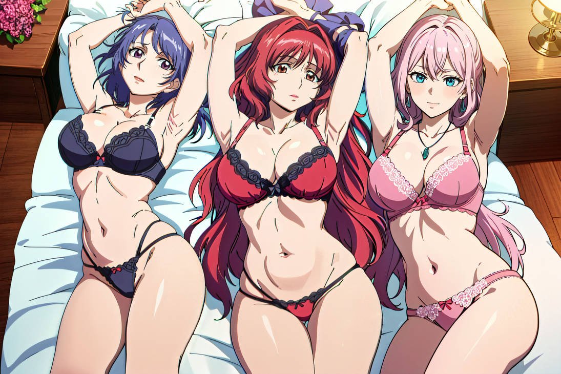 3girls ai_generated aniyome_wa_ijippari armpits big_breasts blue_hair breasts busty cleavage cleft_of_venus curvaceous curvaceous_female curvaceous_figure curves curvy curvy_body curvy_female curvy_females curvy_figure curvy_thighs facing_viewer female female/female/female female_focus female_only fit_female front_view hips hourglass_figure inner_sideboob inner_thighs katsuragi_mai large_breasts laying_down laying_on_back laying_on_bed long_hair looking_at_viewer midriff milf mostly_nude pink_hair red_hair short_hair sideboob skimpy skimpy_bikini skimpy_panties tagme tagme_(character) takama_kozue thick_thighs thigh_gap thighs thong toned toned_female very_long_hair wide_hips