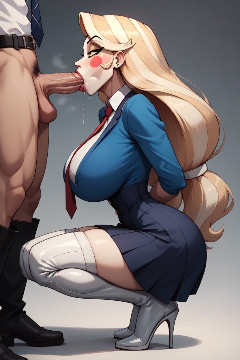 ai_generated blonde_hair blowjob blue_jacket buisness_woman charlie_morningstar_(hazbin_hotel) emotionless_female emotionless_sex faceless_male hands_behind_back hazbin_hotel high_heels looking_bored saliva_trail skirt squatting thigh_boots