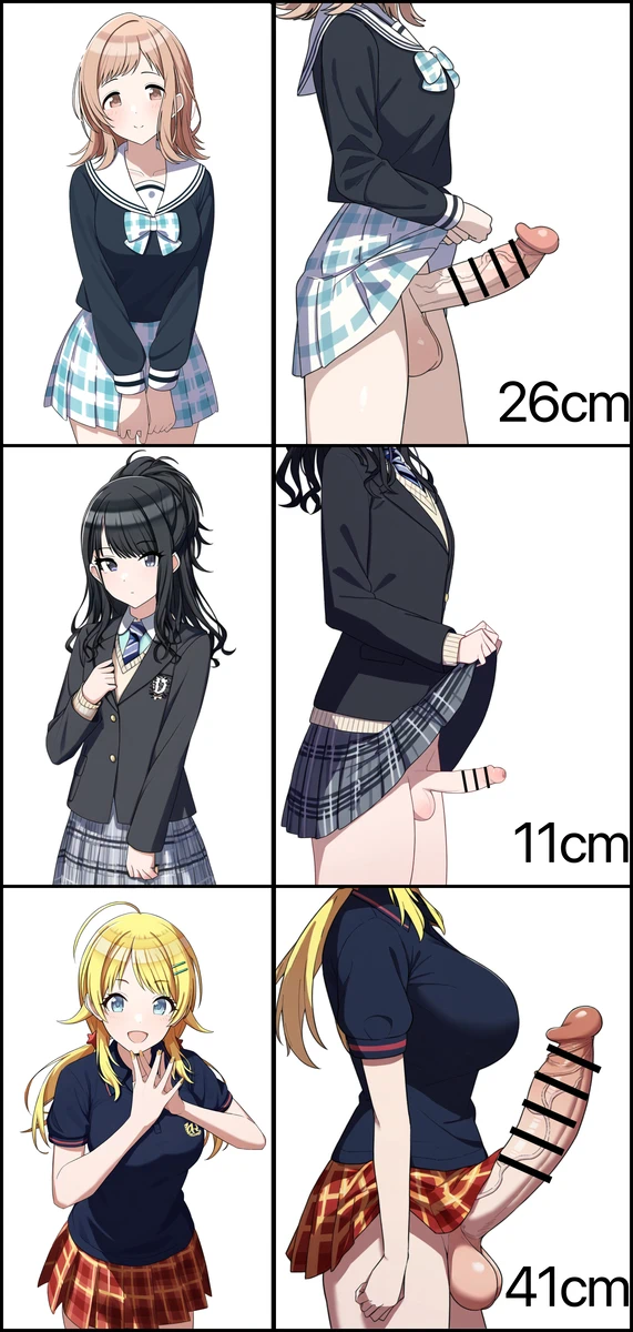 3futas big_breasts big_penis black_hair breast_size_difference futanari hachimiya_meguru humiliation idolmaster kazano_hiori large_breasts large_penis medium_penis penis_chart penis_size_chart penis_size_comparison penis_size_difference sakuragi_mano size_difference skirt small_breasts small_penis small_penis_humiliation smile yellow_hair