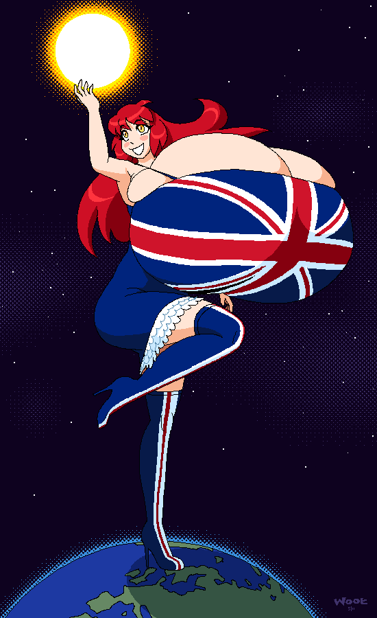 boots breasts_bigger_than_head countrygirls giant_breasts giantess gigantic_breasts high_heel_boots red_hair red_hair standing_on_one_leg terra_macro union_jack woot yellow_eyes