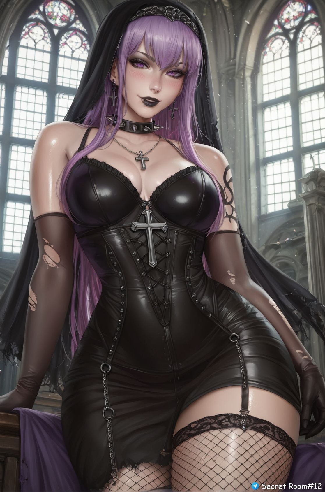 ai_generated black_lipstick choker female gloves goth goth_bride goth_girl goth_makeup goth_nun gothic long_hair nun original_character pony_diffusion_xl purple_eyes purple_hair secret_room12 shiny_skin stable_diffusion standing tattoo torn_clothes