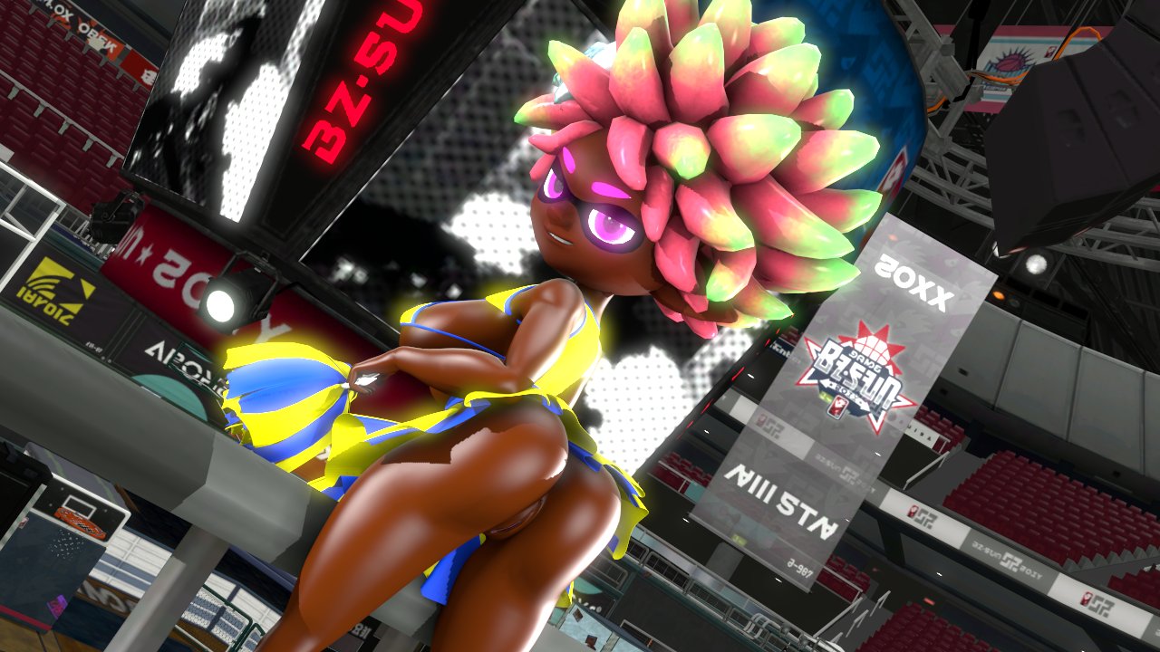 1girls 3d bending_forward big_breasts breasts cheerleader cheerleader_outfit cheerleader_uniform costume ebony inkling inkling_girl looking_back lusty_sfm no_panties oc pink_hair pointy_ears purple_eyes short_hair solo splatoon splatoon_(series) splatoon_2 splatoon_3 tagme thighs upskirt yellow_hair