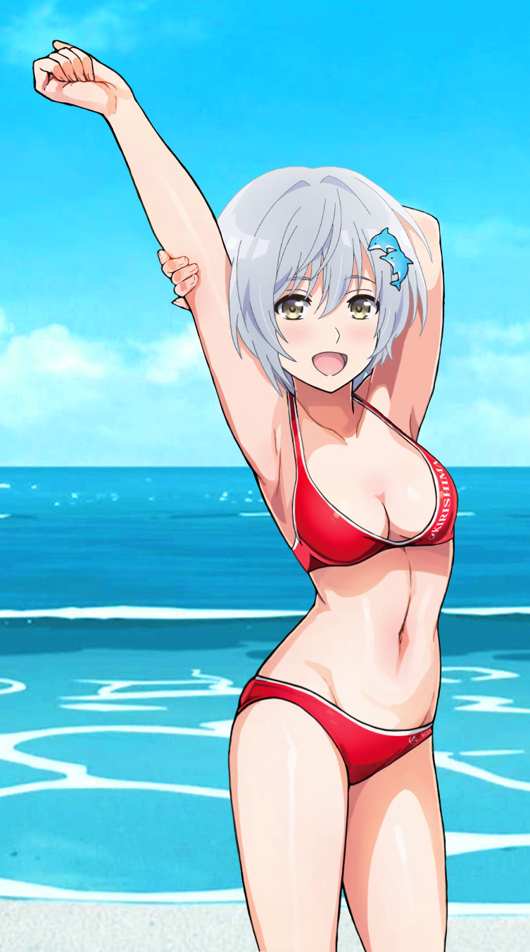 arms_behind_head beach dolphin_wave kikuchi_fuuka short_hair silver_hair sports_bra