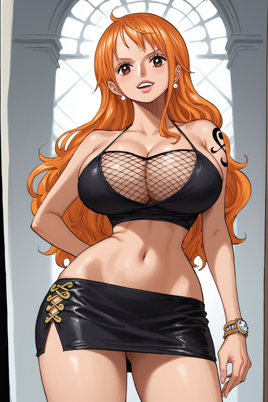 ai_generated ai_withyou alternate_costume cleavage female female_only fishnets miniskirt nami nami_(one_piece) one_piece revealing_clothes skimpy