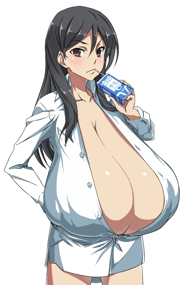 1girls alternate_breast_size bangs bare_thighs black_hair blush breasts breasts_bigger_than_head brown_eyes bursting_breasts busty buttons cleavage collarbone commentary_request cowboy_shot dark_brown_eyes dark_eyes female female_focus female_only fukiyose_seiri gigantic_breasts hair_between_eyes hand_on_hip hand_on_own_hip hand_up holding holding_box holding_carton holding_milk holding_object huge_breasts human human_only long_hair long_sleeves looking_at_viewer milk_carton partially_unbuttoned sagging_breasts shiny_skin shirt sidelocks simple_background solo solo_female standing t-shirt teenage_girl teenager thighs to_aru_majutsu_no_index toaru_majutsu_no_index top_heavy touryou undersized_clothes v-shaped_eyebrows white_background white_shirt white_t-shirt