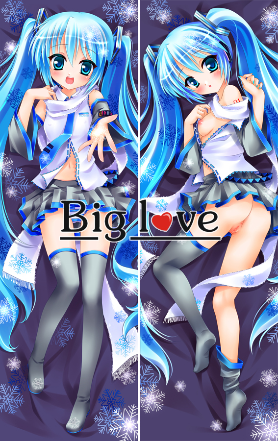 alternate_color alternate_hair_color biglove blue_eyes blue_hair dakimakura detached_sleeves english hatsune_miku headphones long_hair lying navel no_panties open_mouth panties pussy scarf skirt smile snow_miku striped striped_panties thighhighs tied_hair twintails underwear very_long_hair vocaloid