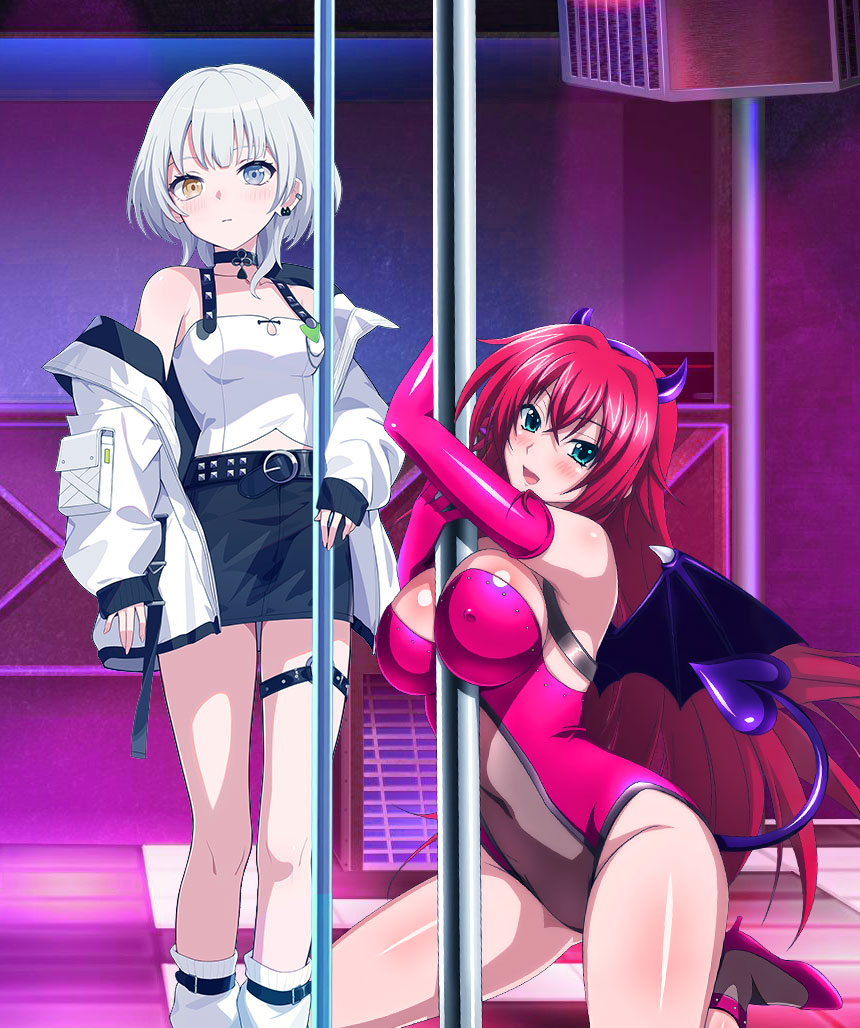 bang_dream! high_school_dxd kaname_raana red_eyes red_hair rias_gremory strip_club stripper stripper_pole white_hair