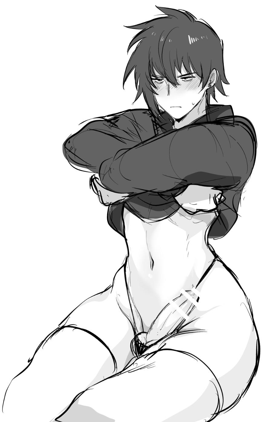 1boy almost_naked angry balls belly belly_button bikini black_hair blush clothing cock crossdressing dick echigoya_takeru erection femboy feminine_male flat_belly greyscale hard_cock highres hips hips_wider_than_shoulders male_focus monochrome otoko_no_ko penis sebastian_(stardew_valley) slutty_outfit solo stardew_valley thick_thighs thighs twin_braids twink uncut underwear waist