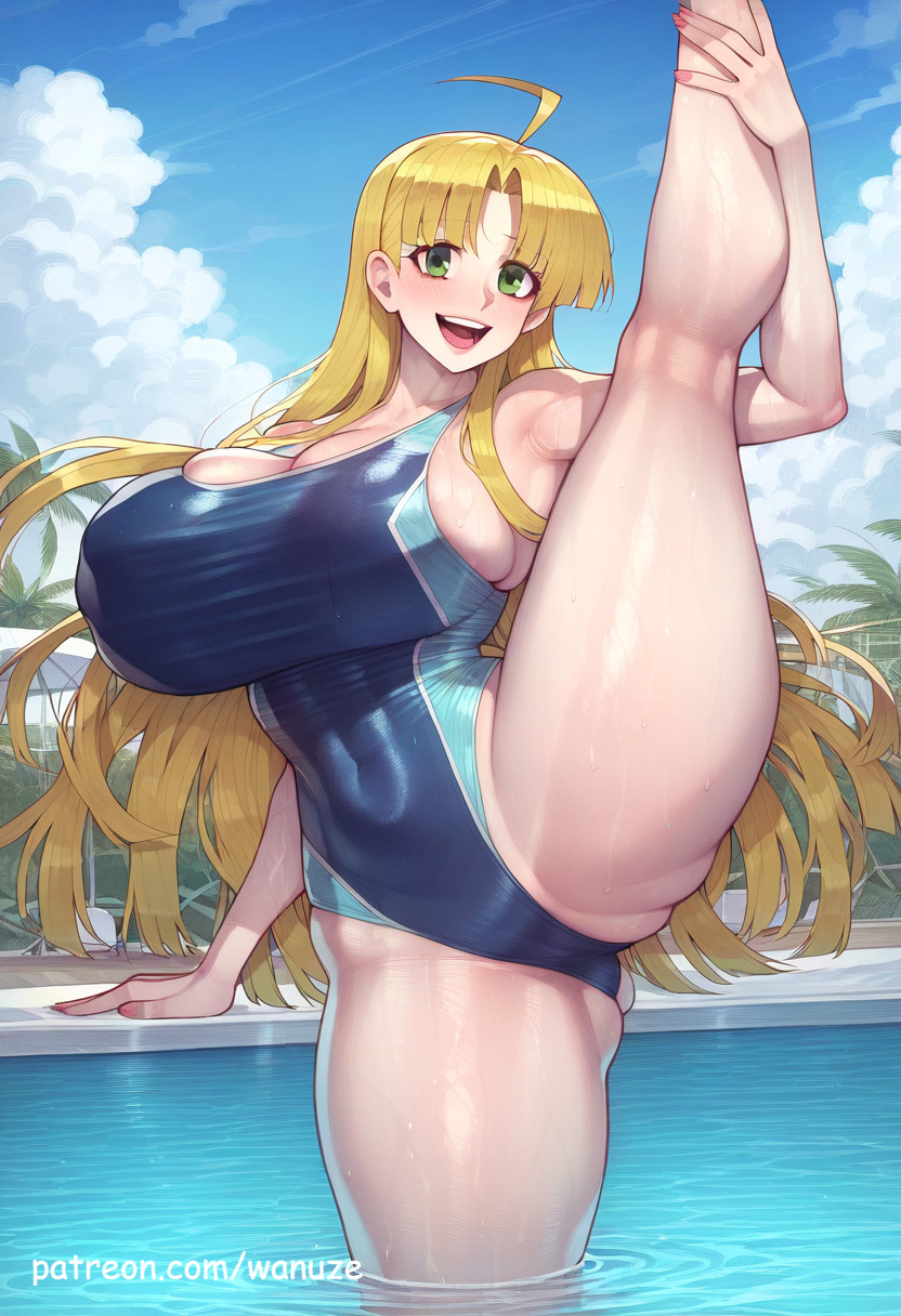 ai_generated asia_argento big_ass big_breasts big_butt big_thighs blonde_hair blue_swimsuit blush green_eyes high_school_dxd huge_ass huge_breasts huge_butt huge_thighs pool school_swimsuit standing_on_one_leg sweat swimming_pool swimsuit wanuze wide_hips