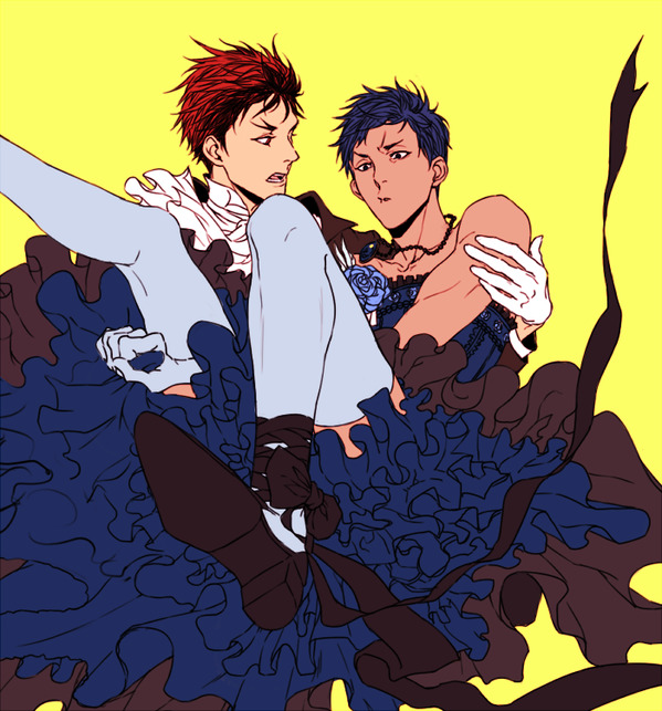 aomine_daiki carrying crossdressing daiki_aomine gay kagami_taiga kuroko's_basketball kuroko_no_basuke male/male male_in_dress manly_crossdresser navy_blue_hair princess red_hair taiga_kagami tan_skin yaoi