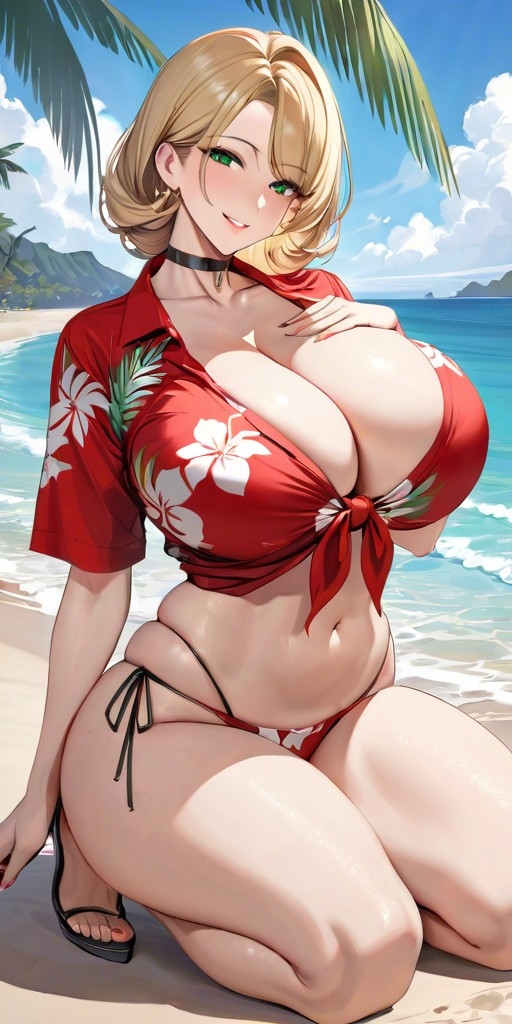 1girls adult ai_generated background beach belly belly_button big_breasts bikini bikini_bottom blonde_female blonde_hair blonde_hair blonde_hair_female blush breasts breasts_bigger_than_head calves choker cleavage cloud collar collarbone collared_shirt commentary_request curvaceous curvy curvy_body curvy_female curvy_figure day daylight daytime deep_cleavage enormous_breasts feet female female_focus female_only front-tie_top green_eyes hand_on_breast hand_on_chest hawaiian_shirt hips huge_breasts kneeling lia_the_busty_redhead looking_at_viewer mature mature_female midriff milf mommy navel ocean original original_character outdoors outside palm_tree red_clothing red_shirt red_topwear sand sea seaside self_upload shirt short_hair short_sleeves sky sleeves smile smiling smiling_at_viewer solo solo_female solo_focus sunny tagme thick_thighs thighs tied_shirt vacation voluptuous voluptuous_female water wide_hips