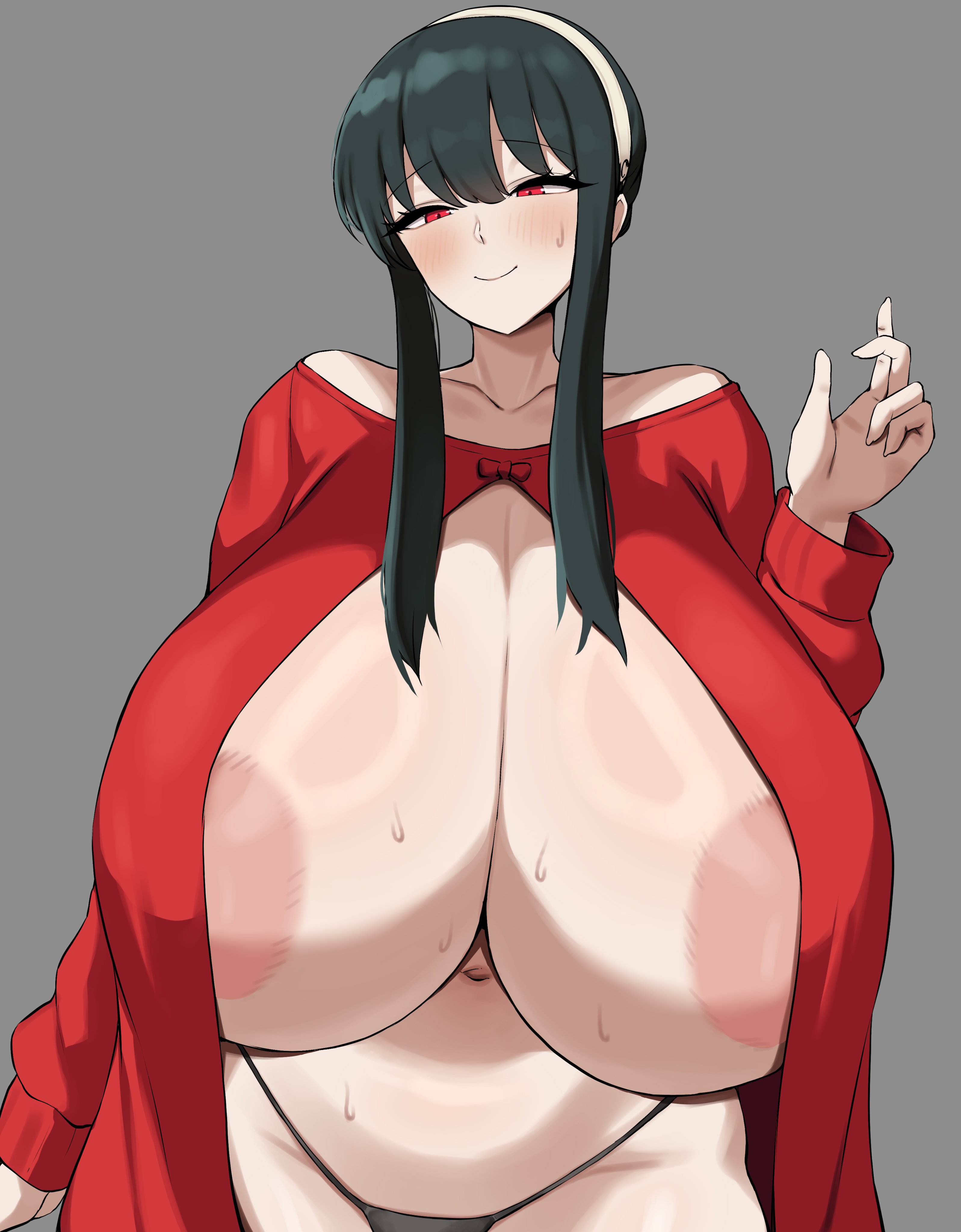 1girls, alternate breast size, areola, ass, bangs, big areola, big ass, big breasts, big nipples, big thighs, black hair, blush, breasts, female, female only, gigantic ass, gigantic breasts, gigantic thighs, huge areola, huge ass, huge breasts, huge nipples, huge thighs, human, hyper breasts, looking at viewer, nipples, panties, red eyes, solo, spy x family, sweat, sweatdrop, sweating, tagme, thick hips, thick thighs, thighs, tiger drop, yor briar, yor forger