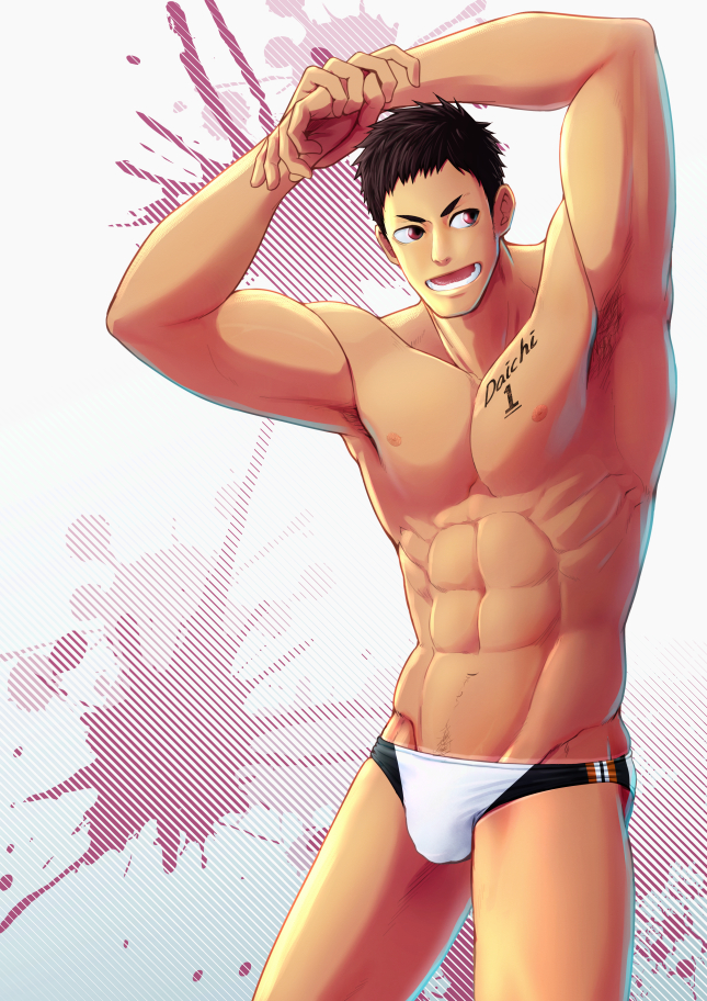 1boy abs armpit_hair armpits arms_up brown_hair genital_outline haikyuu!! male male_only marker mature_male meisho_hanten muscles muscular muscular_arms muscular_male open_mouth pecs red_eyes sawamura_daichi short_hair six_pack solo splatter stretching swim_briefs swimsuit tan tanline v-shaped_eyebrows