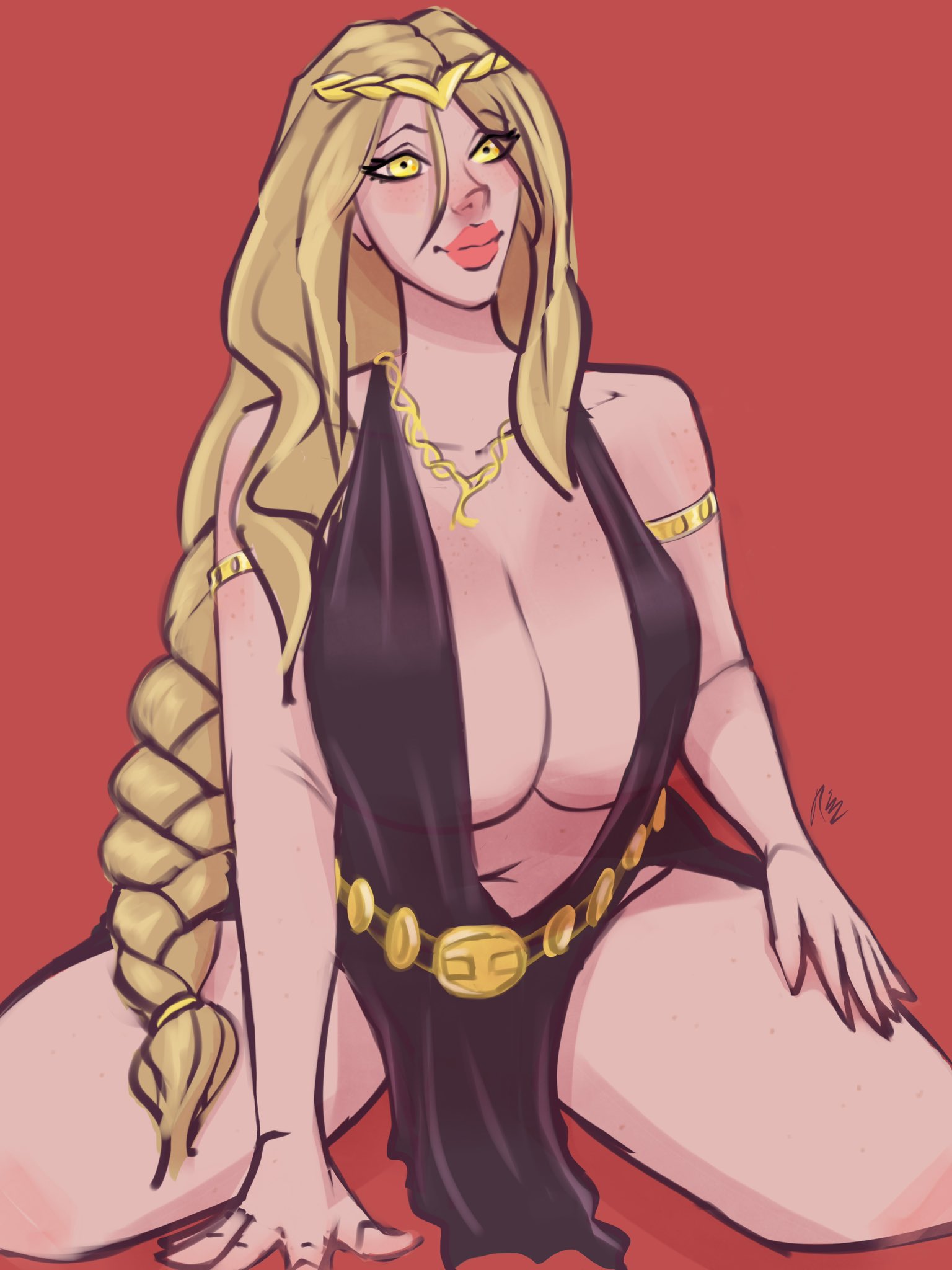 1girls, alternate hairstyle, armlet, big breasts, blonde hair, breasts, circlet, cleavage, crown, dress, elden ring, fancylazard, female, female only, fromsoftware, milf, queen marika the eternal, thick thighs