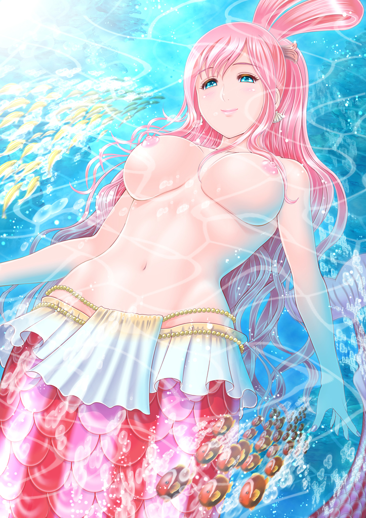 1girls blue_eyes breasts earrings female female_only fish giantess jewelry large_breasts light_smile long_hair mermaid monster_girl navel nipples ocean one_piece pink_hair princess shirahoshi sirin solo toned_belly toned_body toned_female toned_stomach topless underwater yuki1977