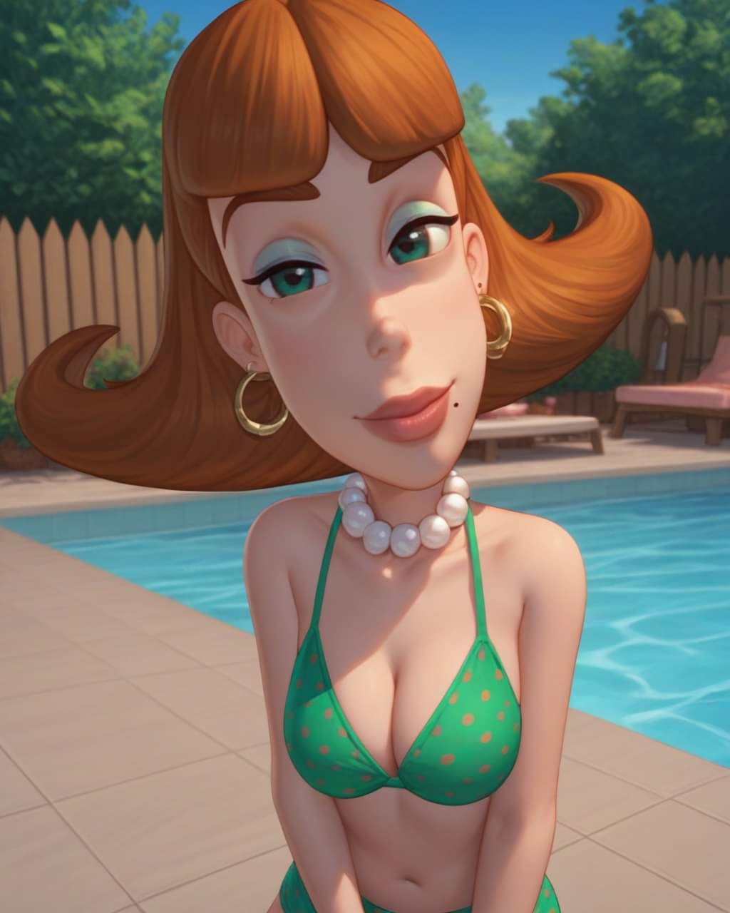 ai_assisted ai_generated bikini brown_hair earrings eyeshadow green_eyes jimmy_neutron_boy_genius judy_neutron mole_under_mouth nickelodeon nicktoons pearl_necklace tagme