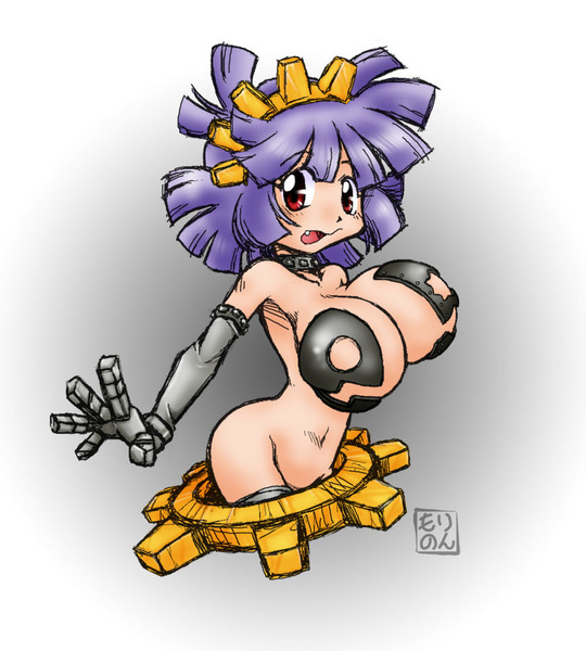 artist_request beige_skin blush breasts color cute_fang digimon female female_only gloves hagurumon hair huge_breasts human humanized looking_at_viewer open_eyes open_mouth purple_hair red_eyes solo