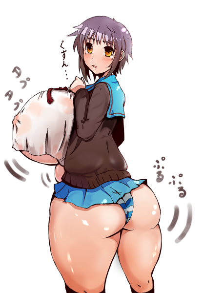 alternate_breast_size areolae artist_request ass ass_expansion backboob big_breasts blush breast_expansion breast_hold breasts brown_eyes erect_nipples expansion gigantic_breasts huge_ass huge_breasts nagato_yuki nipples plump purple_hair shimapan striped striped_panties suzumiya_haruhi_no_yuuutsu teruwo_sun thick_thighs thighs translation_request