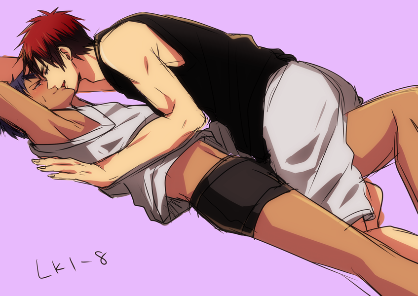 aomine_daiki blush bottom_aomine daiki_aomine dark_skinned_male kagami_taiga kissing kuroko's_basketball kuroko_no_basuke laying_down laying_on_back male male/male red_hair red_hair_on_blue_hair red_hair_top short_hair taiga_kagami tan_skin yaoi