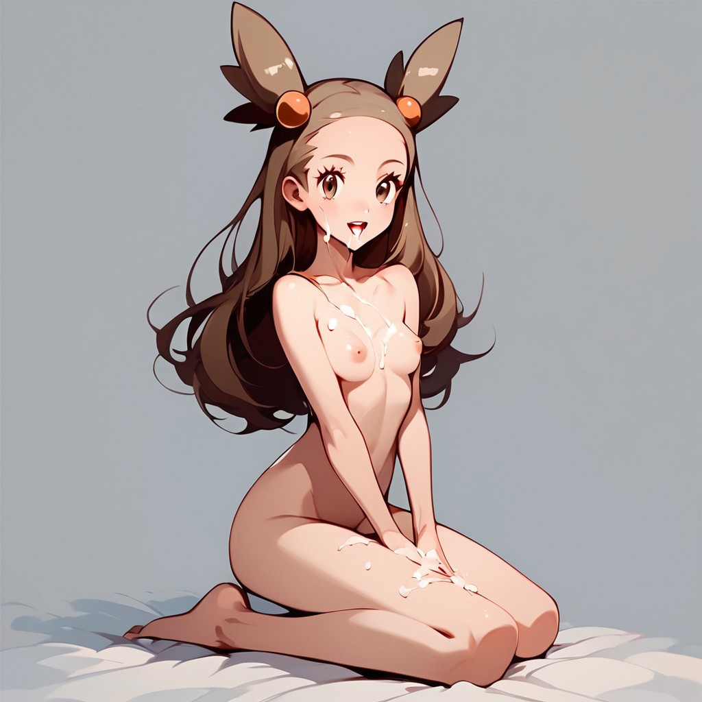 ai_generated brown_eyes brown_hair cum cum_in_mouth cum_on_breasts cum_on_face cum_on_leg cum_on_legs hair_ornament jasmine_(pokemon) kneeling nude open_mouth pokemon small_breasts