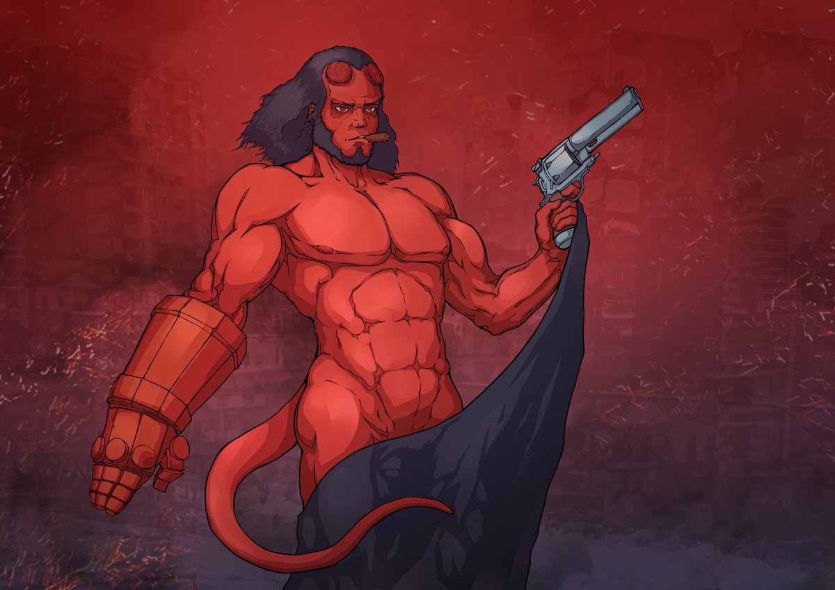 bara demon facial_hair hellboy hellboy_(series) male male_only muscles muscular nude qomelo2 sideburns solo solo_male