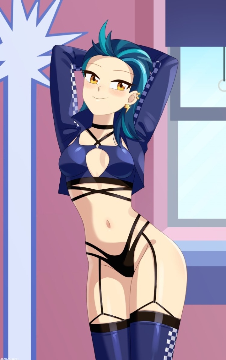 1girls 2024 2d 2d_(artwork) arms_behind_head arms_up black_lingerie blue_bra blue_clothing blue_hair commission commission_art ear_piercing earring equestria_girls garter_straps hasbro hourglass_figure indigo_zap jacket legwear light-skinned_female light_skin lingerie my_little_pony partially_clothed riouku short_hair smile solo thighhighs twitter twitter_link two_tone_hair yellow_eyes