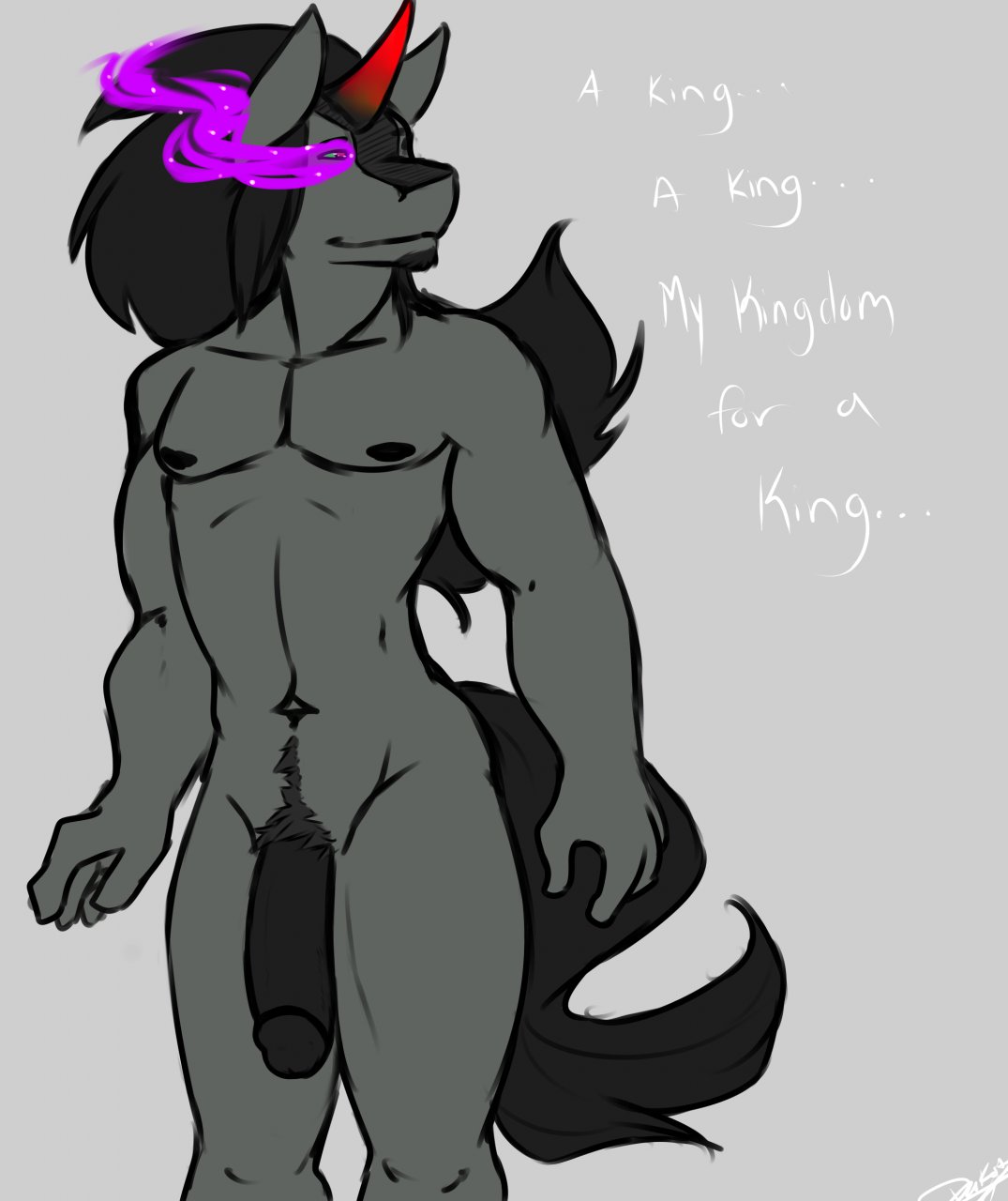 2013 anthro balls black_hair english_text equine eye_mist friendship_is_magic furry grey_fur hair horn horse king_sombra_(mlp) male male_only my_little_pony nipples nude penis pony smile solo spookysushi text unicorn