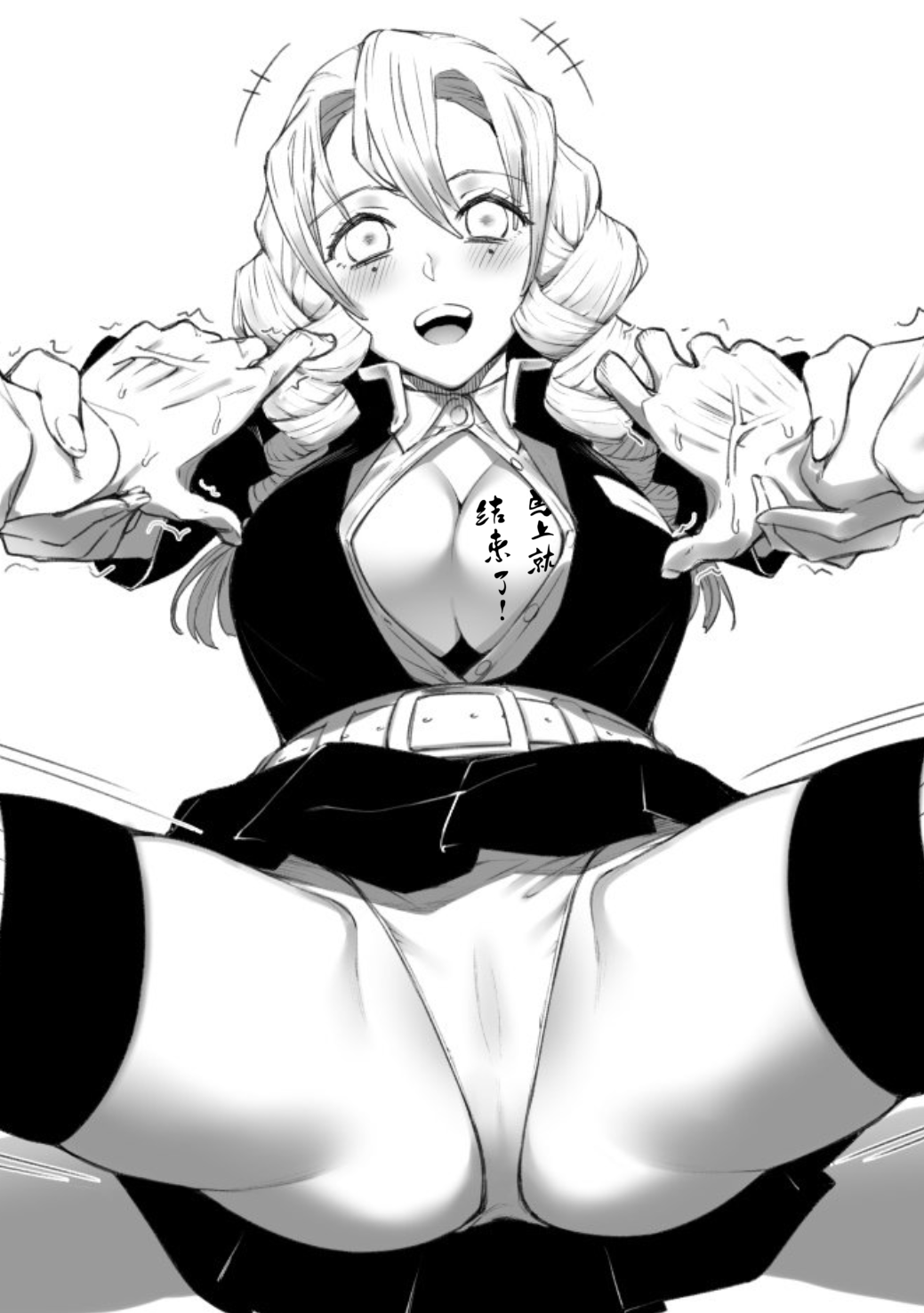 1boy 1girls big_breasts blush breasts cameltoe demon_slayer faceless_male female female_focus hand_holding inner_thighs kanroji_mitsuri kimetsu_no_yaiba large_breasts looking_at_viewer love_hashira lust_hashira miniskirt monochrome open_eyes open_mouth open_shirt panties short_hair shugami skirt spread_legs thighhighs unbuttoned_shirt underwear upskirt white_panties