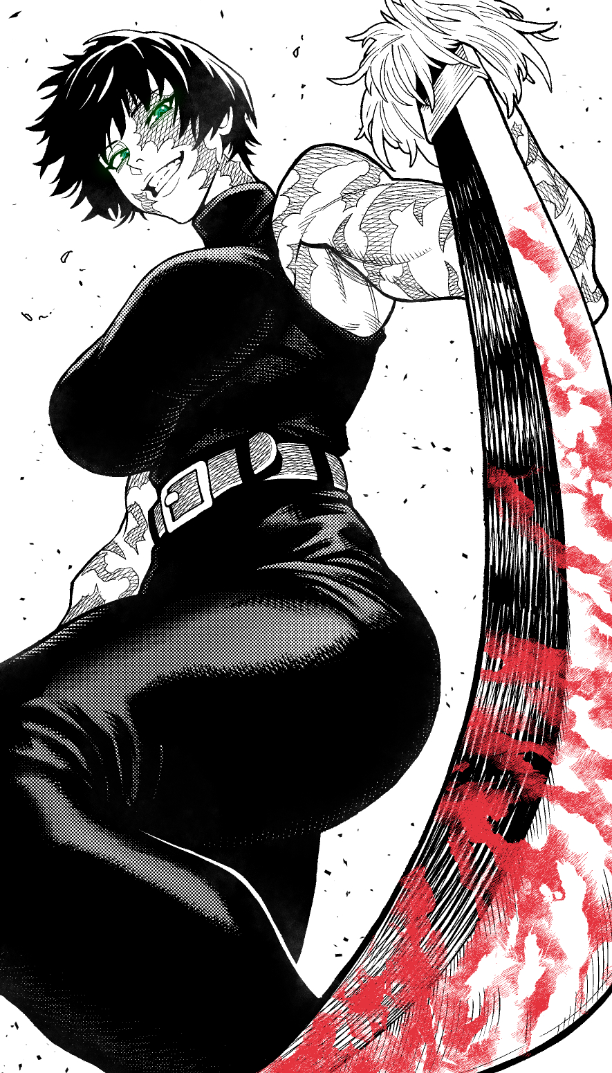 1girls, abs, absurdres, ass, bare shoulders, belt, big ass, big breasts, breasts, female, female only, fully clothed, green eyes, greyscale, grin, highres, holding, holding weapon, huge ass, huge breasts, jujutsu kaisen, looking at viewer, looking down, mommy, muscles, muscular female, pants, scar, scars, shirt, short hair, sleeveless, sleeveless shirt, smile, solo, spot color, strong female, sword, thick thighs, thighs, turtleneck, turtleneck shirt, viewed from below, weapon, websake, zenin maki