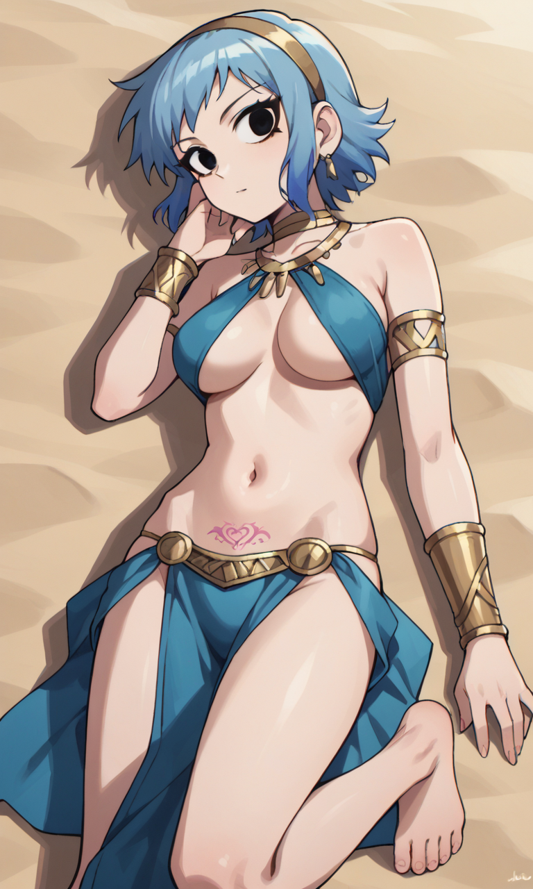 accurate_art_style ai_generated barefoot bigmic145 blue_hair breasts cleavage clothed clothing dessert feet female female_only gold_jewelry harem_outfit lying navel netflix pubic_tattoo ramona_flowers scott_pilgrim scott_pilgrim_takes_off underboob