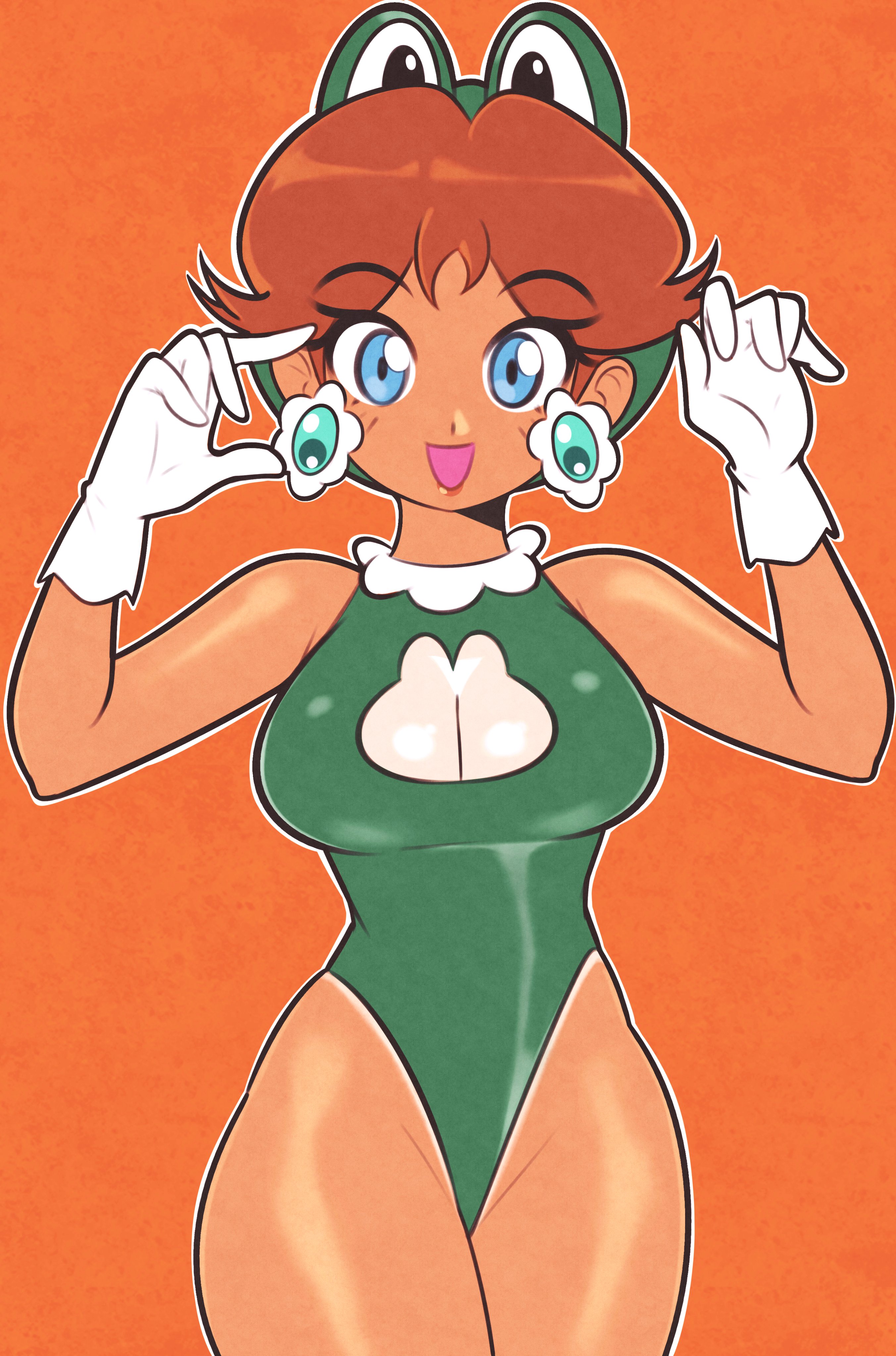 big breasts, blue eyes, breasts, cleavage, clothing, cosplay, dark skin, dark-skinned female, female, female only, frog, gloves, hips, jeffmiga, leotard, looking at viewer, mario (series), nintendo, princess daisy, smile, tan body, thick thighs, thighs, wide hips