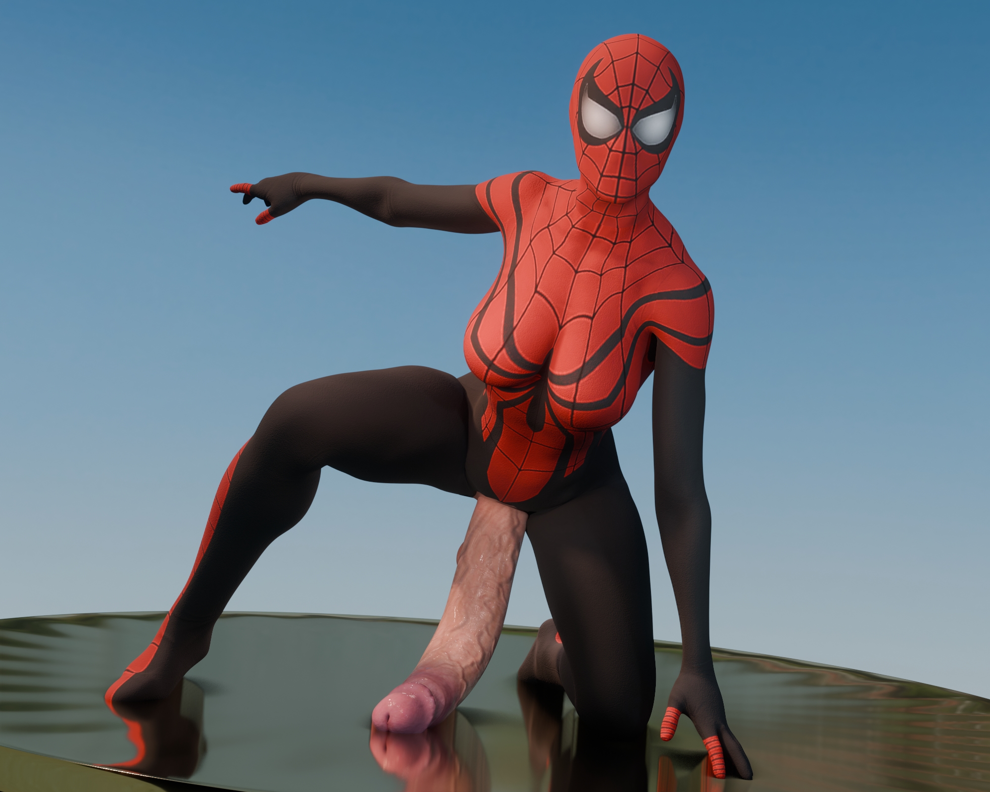 1futa, 3d, 3d (artwork), balls, bodysuit, breasts, casual, clothing, clothing cutout, crotch cutout, curvaceous, curvy hips, fit, flaccid, flaccid penis, futa only, futanari, genderswap, genderswap (mti), hourglass figure, huge cock, huge penis, human, hung futa, ickysticky, intersex, large cock, large penis, latex, latex bodysuit, latex clothing, latex skinsuit, light-skinned futa, marvel, marvel comics, medium breasts, pale skin, pale-skinned futa, penis, reflection, rule 63, skinsuit, solo, solo focus, solo futa, spider-man, spider-man (series), spider-woman, superhero costume, superheroine, testicles, thick thighs, three-point landing, tight clothing, toned, toned body, toned futa, toned stomach, two-tone bodysuit, veins, veiny penis, wide hips