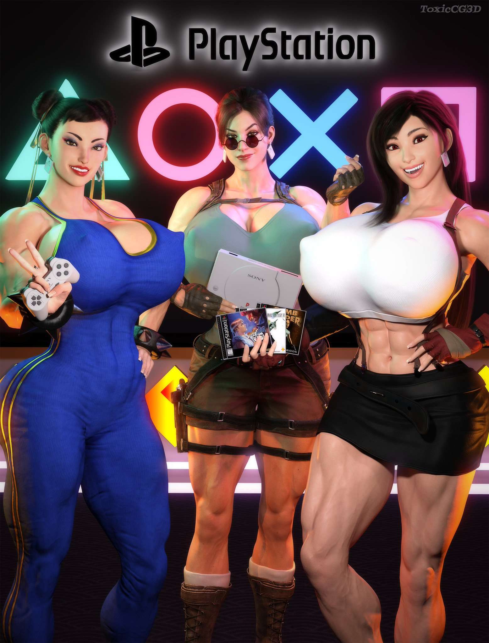 3d, 3girls, abs, alternate breast size, backpack, black hair, breasts, brown hair, capcom, chun-li, chun-li (street fighter alpha), cleavage, clothed, clothed female, crossover, earrings, eastern and western character, female, female only, final fantasy, final fantasy vii, fully clothed, hair buns, hand on hip, heart sign, huge breasts, lara croft, lara croft (classic), large breasts, looking over eyewear, looking over sunglasses, muscular, muscular arms, muscular female, muscular thighs, nipple bulge, peace sign, playstation, playstation console, playstation controller, red eyes, round breasts, short shorts, shorts, skirt, smile, smiling, square enix, street fighter, street fighter alpha, sunglasses, tank top, thighs, tifa lockhart, tifa lockhart (1997), tinted eyewear, tomb raider, tomb raider (classic), toxiccg3d, twin buns
