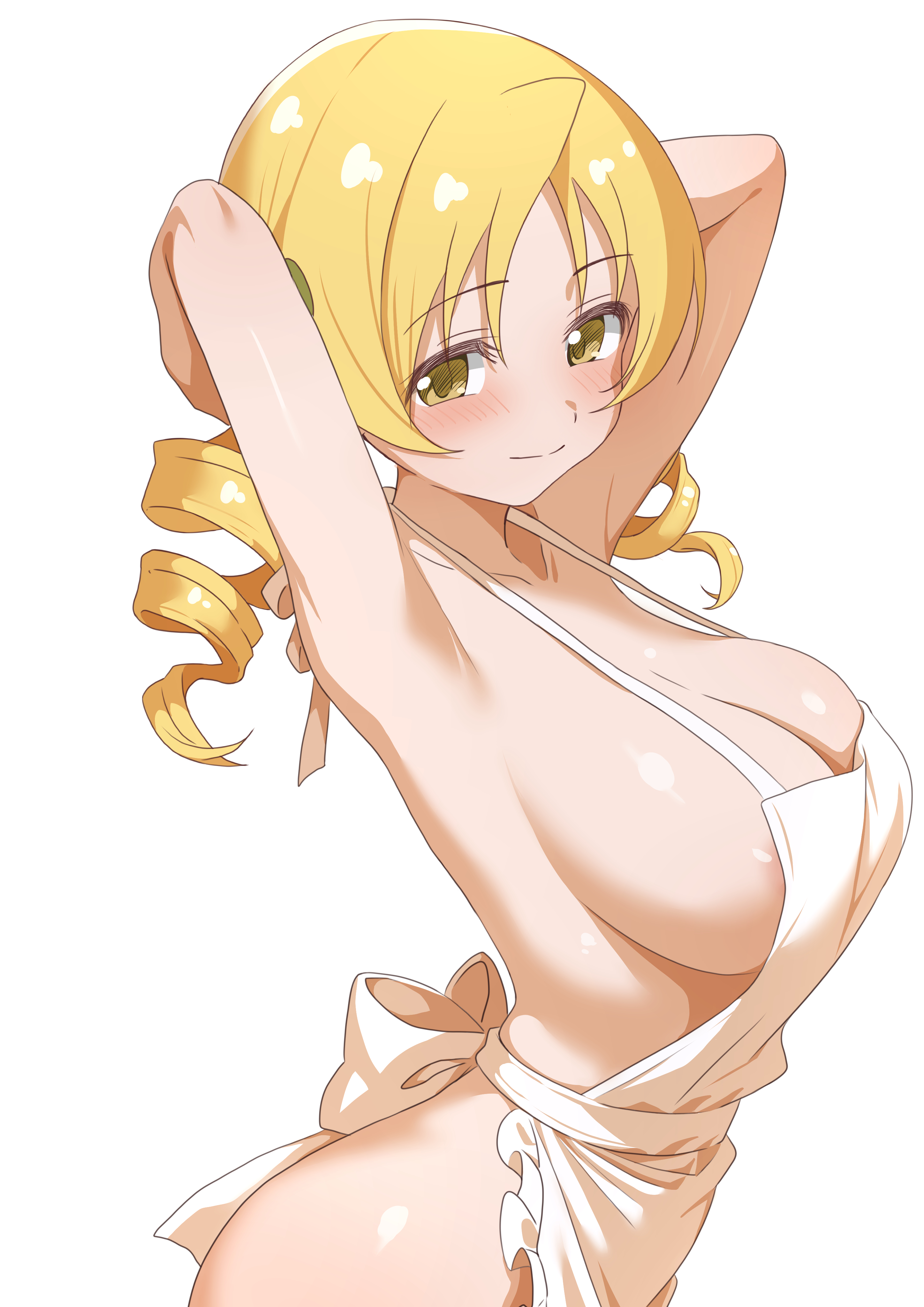 absurdres, apron, areola slip, armpits, arms up, blonde hair, breasts, cleavage, commentary, drill hair, female, from side, hateri, highres, large breasts, mahou shoujo madoka magica, mahou shoujo madoka magica (anime), naked apron, sideboob, simple background, solo, strap gap, tomoe mami, twin drills, white apron, white background, yellow eyes