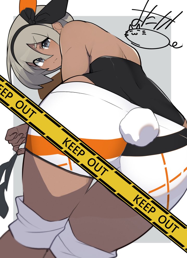 1girls, ass, bea (pokemon), blue eyes, bodysuit, bodysuit under clothes, border, caution tape, dark skin, dark-skinned female, female, female only, from behind, frown, grey background, grey hair, hairband, knee pads, looking at viewer, looking back, mituyota 76, nintendo, pokemon, pokemon swsh, rabbit tail, shorts, unworn hairband, unworn headwear, white border