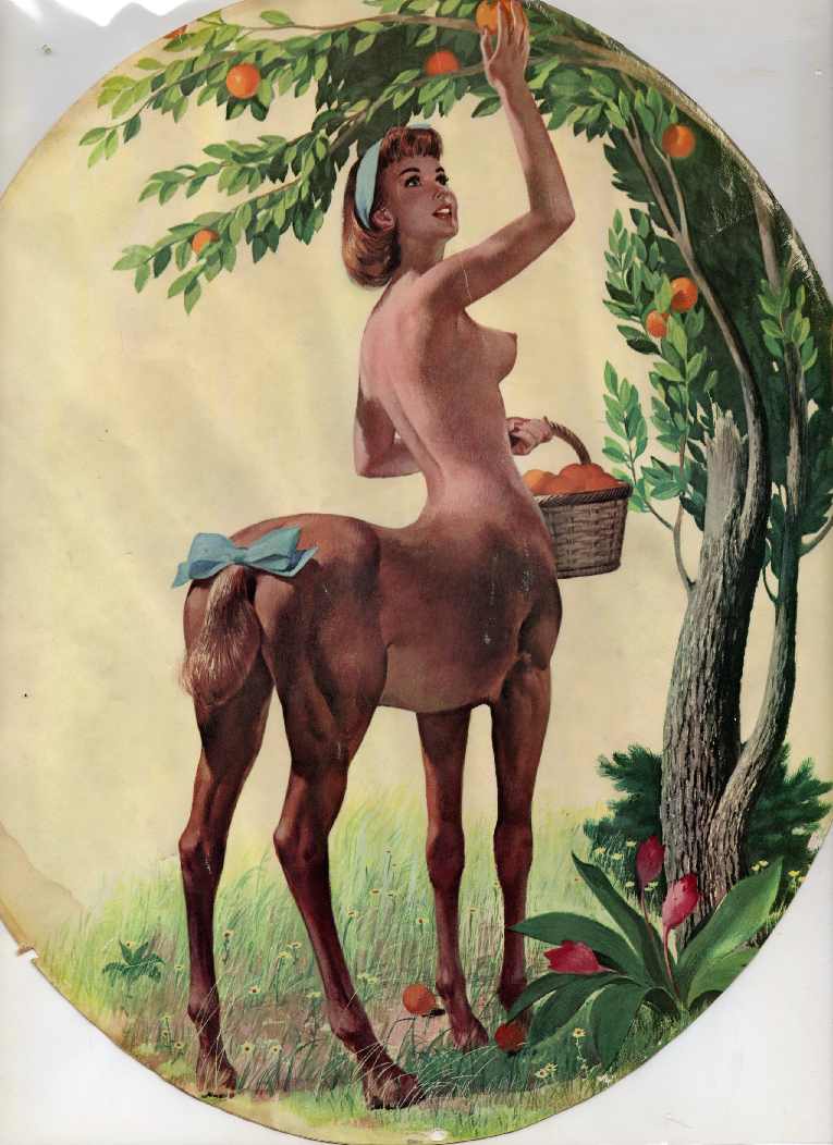 1girls 20th_century 2d aesthetic basket bow breasts centaur female female_only flower grass leaf nipples nude orange original painting_(artwork) pinup pinup_girl ren_wicks solo tail_bow taur tree vintage wood