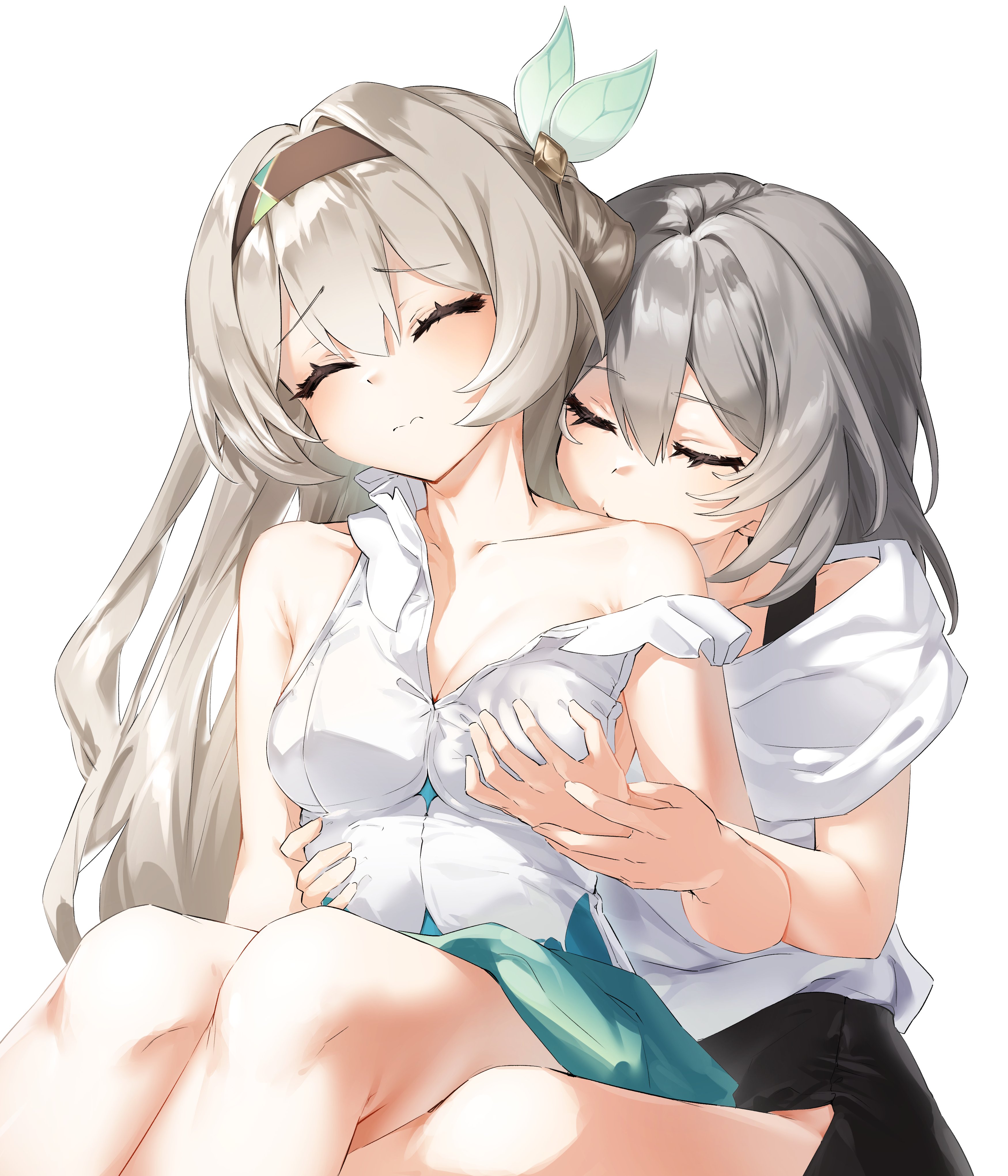 2girls, breast grab, breasts, female, firefly (honkai: star rail), grey hair, honkai: star rail, hoyoverse, legs, long hair, mihoyo, multicolored hair, pine seye, stelle (honkai: star rail), yuri