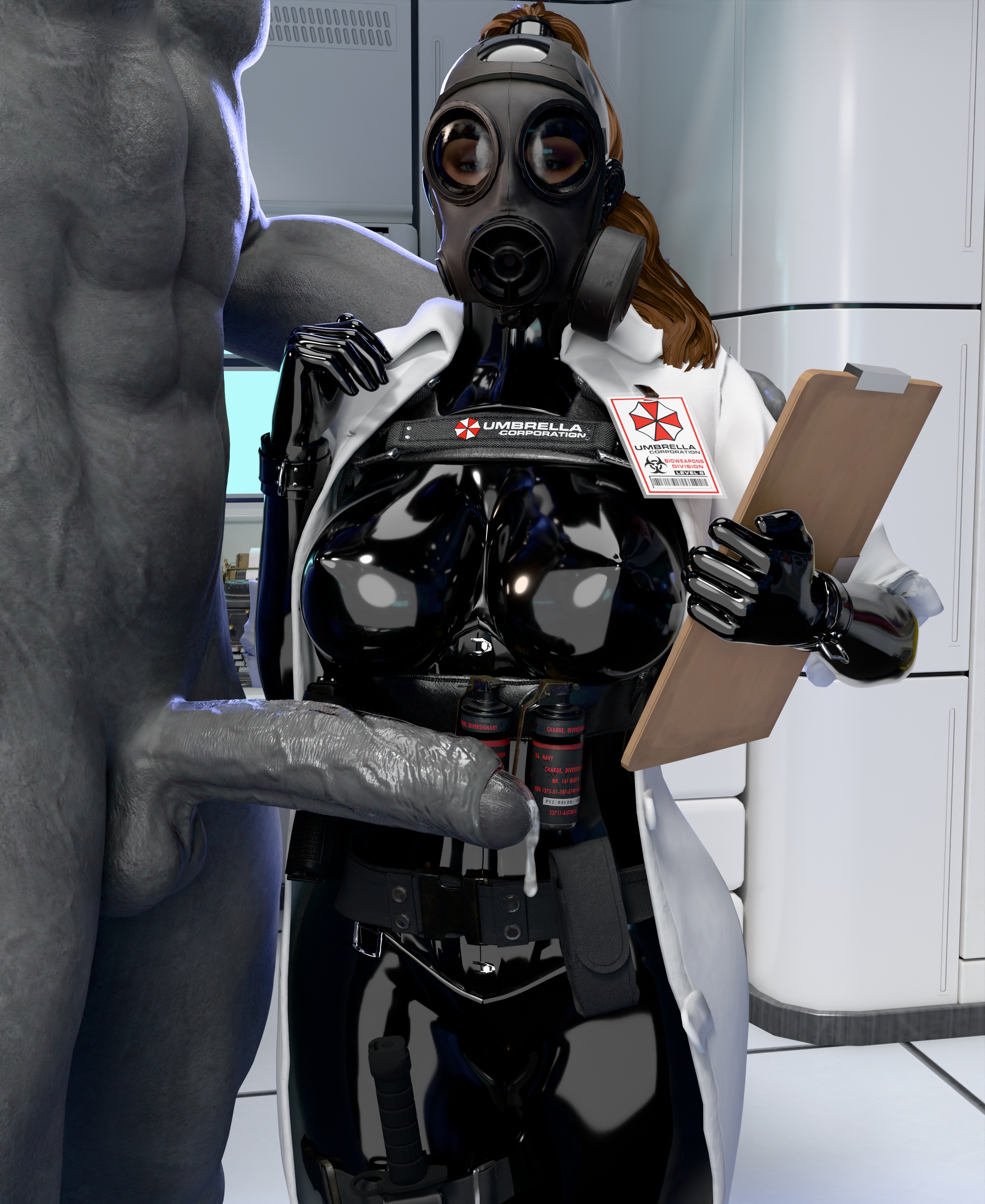 1boy, 1girls, 3d, before sex, big penis, blender, brown hair, clipboard, clothed female nude male, corset, crossover, cuff (restraint), female, foreskin, gas mask, gun holster, hi res, high resolution, holster, interspecies, labcoat, laboratory, latex, latex clothing, latex hood, latex suit, life is strange, life is strange: double exposure, male, max caulfield, max caulfield (double exposure), monster, mr x, neck corset, nipple bulge, penis, ponytail, precum, resident evil, rubber, shiny clothes, skyebunny, tactical gear, tight clothing, tyrant, umbrella corporation, uncircumcised, unseen male face